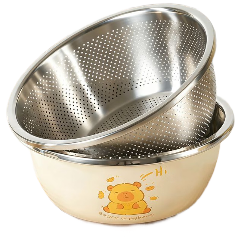 Bayco Stainless Steel Bowl and Sieve 2-Piece Set Food-Grade Washing and Kneading Bowls BX27622