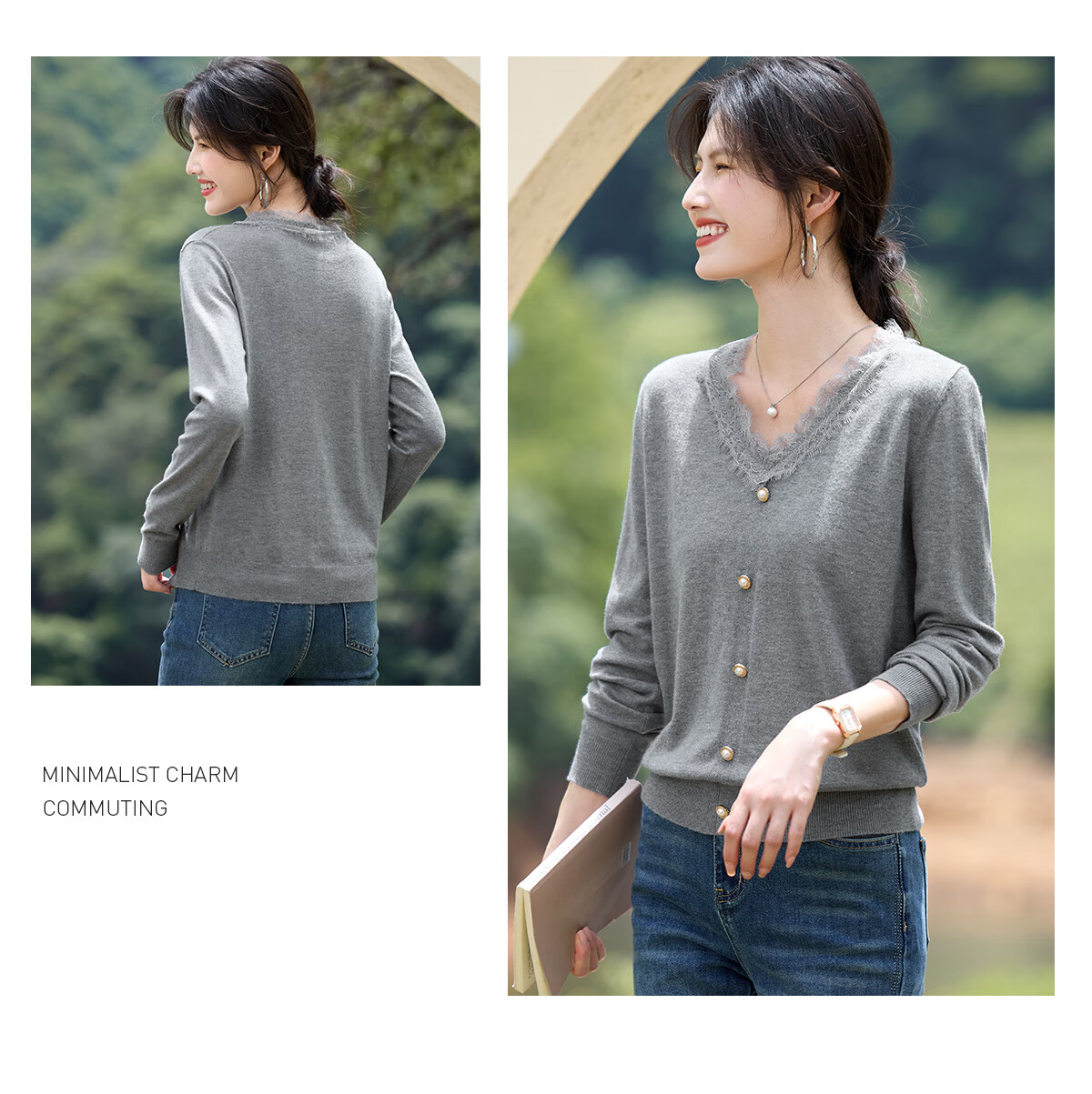 She Enjoy Women's Knitwear Lace Splice V-Neck Knit Base Shirt Fashion Versatile Soft Sweater Top T53Z045 5