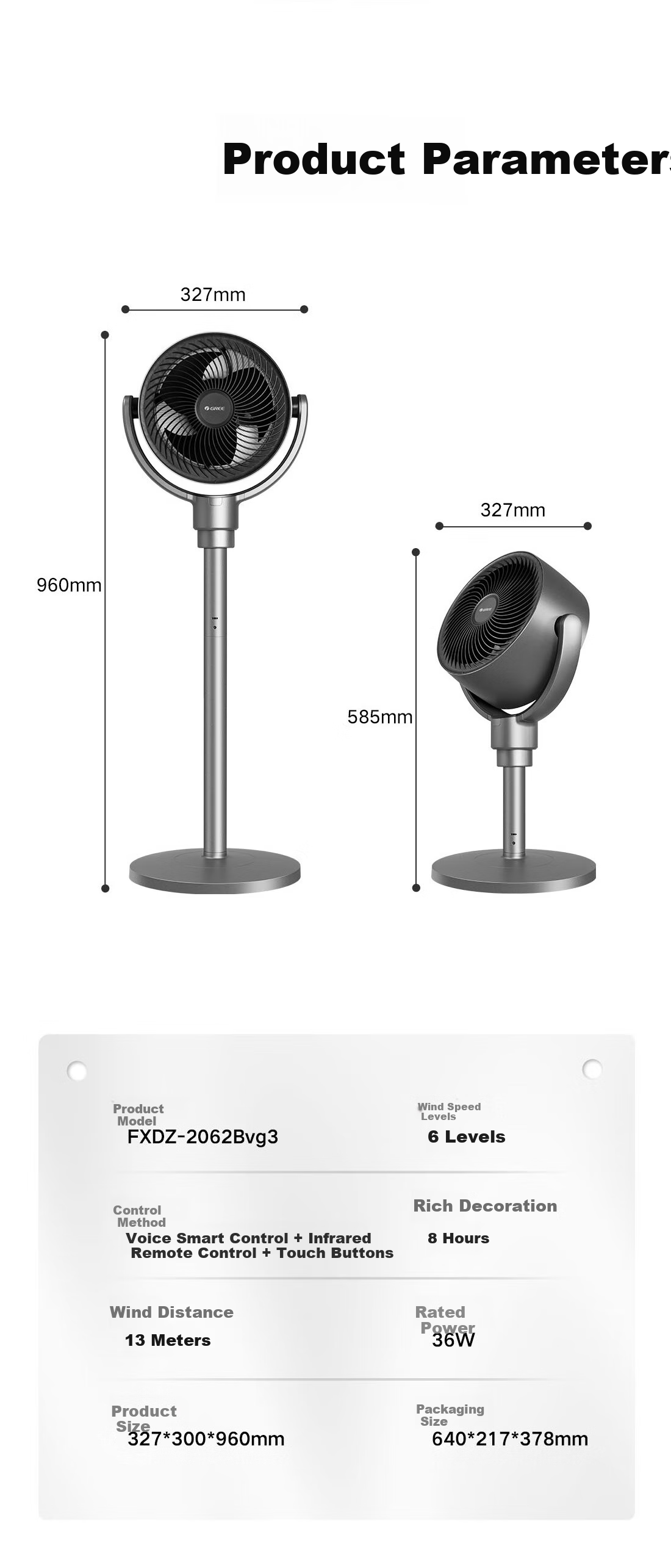 GREE Electric Fan for Home Air Circulation, DC Inverter, Floor-Standing And Table Fan for Office, Living Room, Bedroom, Air Conditioner Companion FXDZ-2062Bvg3 with Antibacterial Filter + Voice Control 15