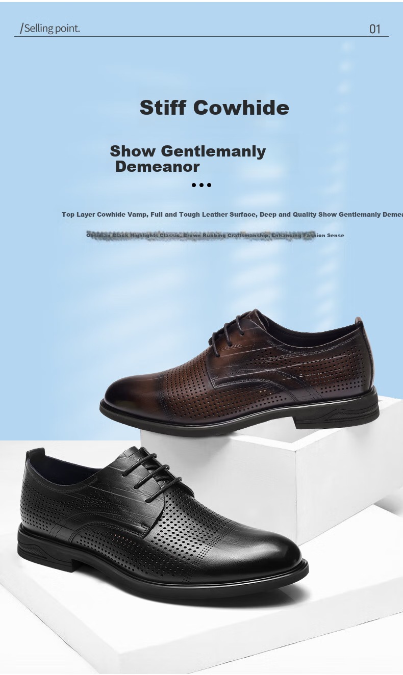 Qiangren Derby Shoes, British Business Men's Shoes, Double-Sided Top-Grain Leather Formal Dress Shoes, JDA19007, Black, Size 44 3
