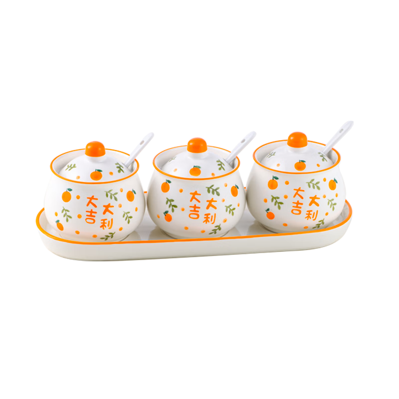 Baijie Kitchen Ceramic Spice Jars Lard Jar Chili Oil Seasoning Jar Oil Storage Jar Ceramic Tray 3-Piece Set