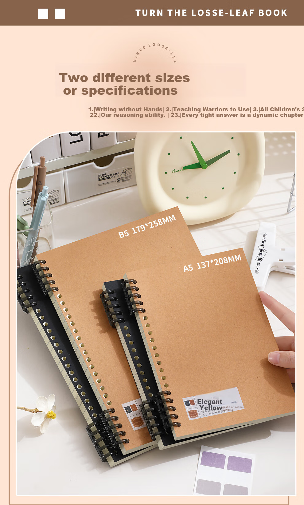 Faramon A5/60 Sheets Comfortable Loose-Leaf Notebook with Detachable Refillable Pages for Students, Spiral-Bound Notebook for Research, Thickened Journal And Error Correction Book A5/Classic Yellow + Polar Night Black 5