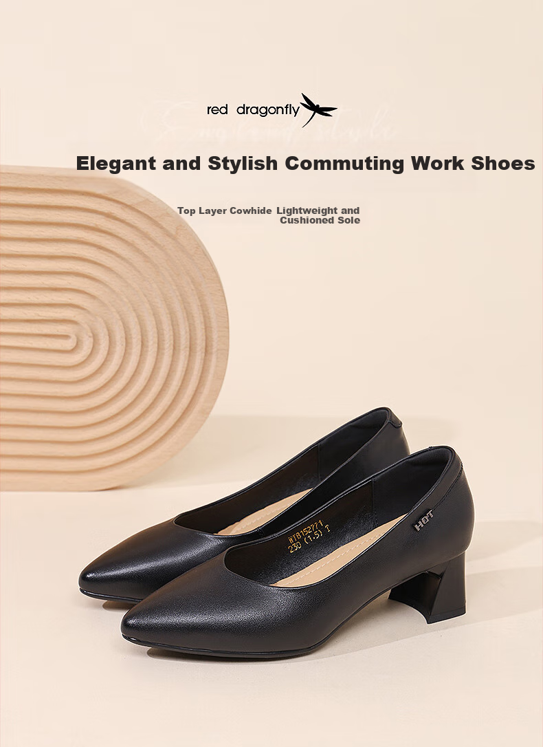 RED DRAGONFLY Women's Leather Shoes with Chunky Heel for Commuting, Work Shoes, Comfortable High Heels WTB152771 Black Size 39 1