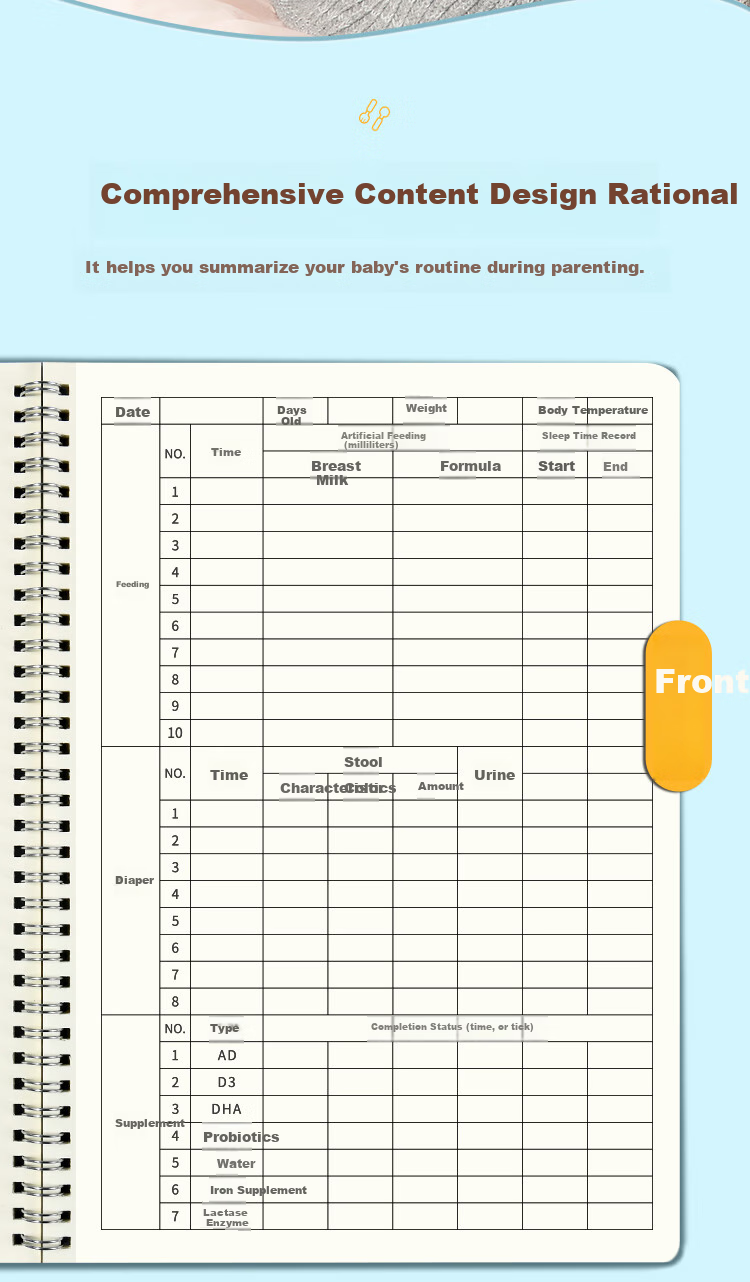 Weikeduoli 2 A5 Feeding Record Books for Baby Boys, Breastfeeding Diary, Newborn Growth Record Manual, Infant Supplementary Food Feeding Book, Soft Spiral Notebook, Can Record 100 Days [Internet Bestseller] 7