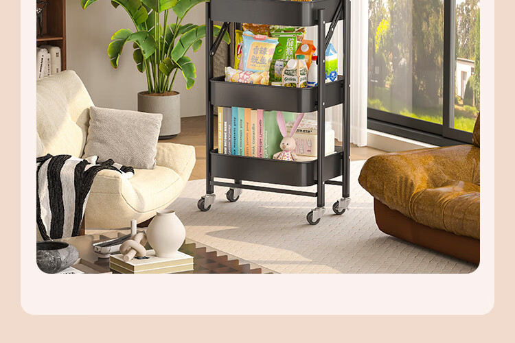 QIAONAMEI Portable Kitchen Storage Rack No-Installation Floor Cart Snack Folding Three-Tier Storage Rack QNM1860-BK 5