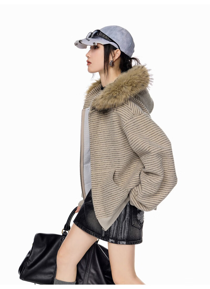 ICH MODE Women's American Style Hooded Striped Jacket with Fur Collar Autumn Winter New Zip-up Sweatshirt Cardigan Black M 26