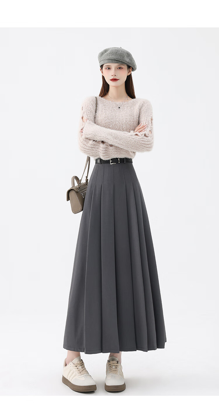 Ziyouxi Gray High-Waisted A-Line Pleated Skirt for Women, New Autumn 2026 Formal Skirt, Slimming Mid-Length Suit Skirt 19