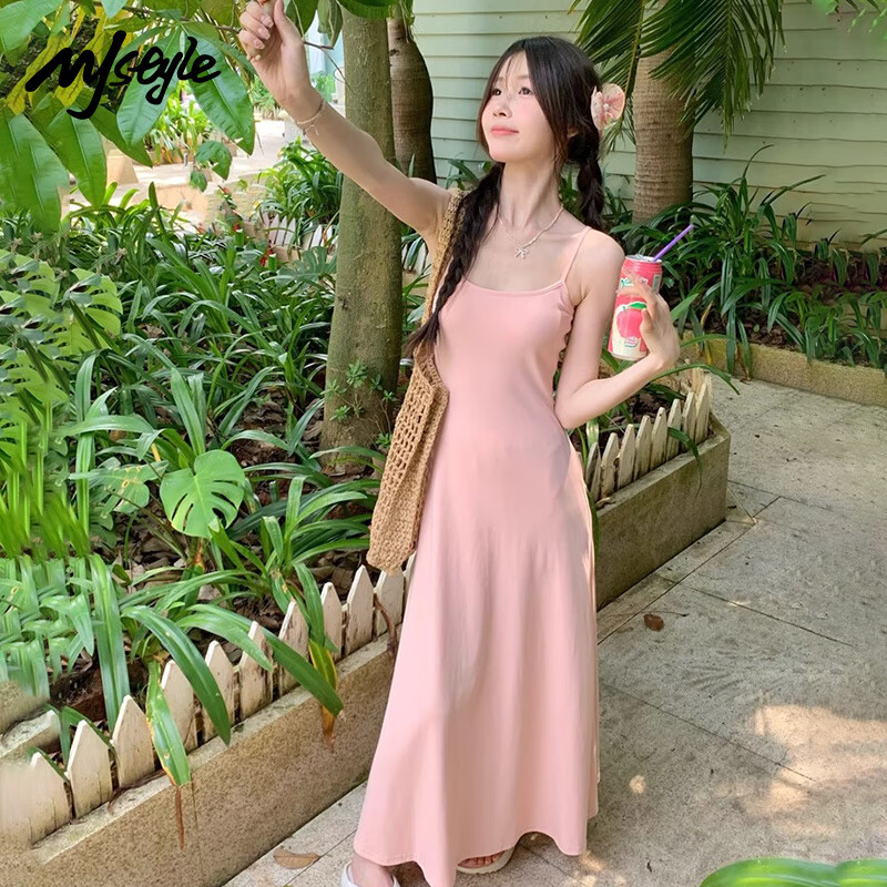 MJ STYLE Spaghetti Strap Dress for Women, 2026 Summer New Elegant Sexy Waist-Cinching Slimming Fitted Vacation Style Long Dress