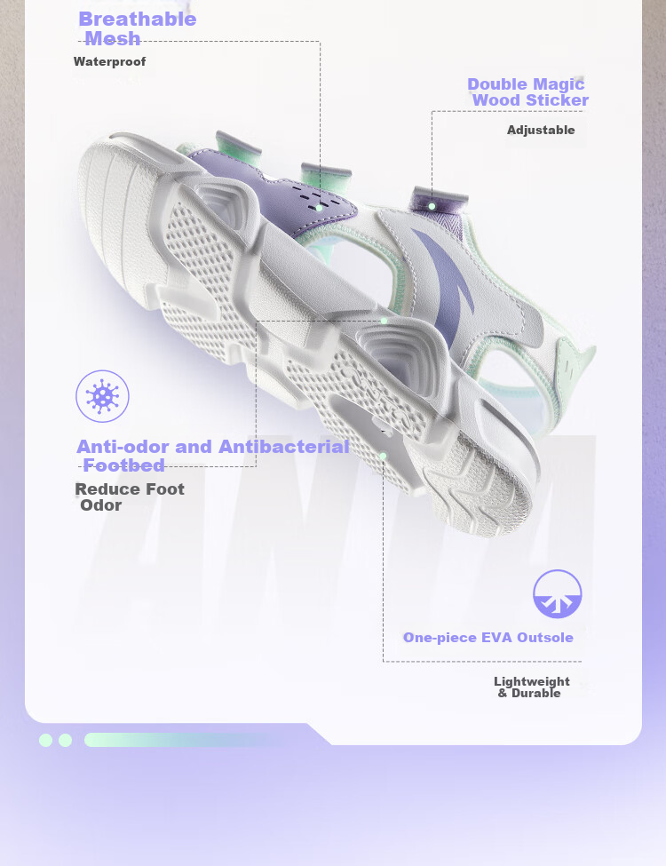 Anta Kids Sports Sandals Girls Big Kids Summer Breathable Velcro Open Toe Beach Shoes A22326962J 3