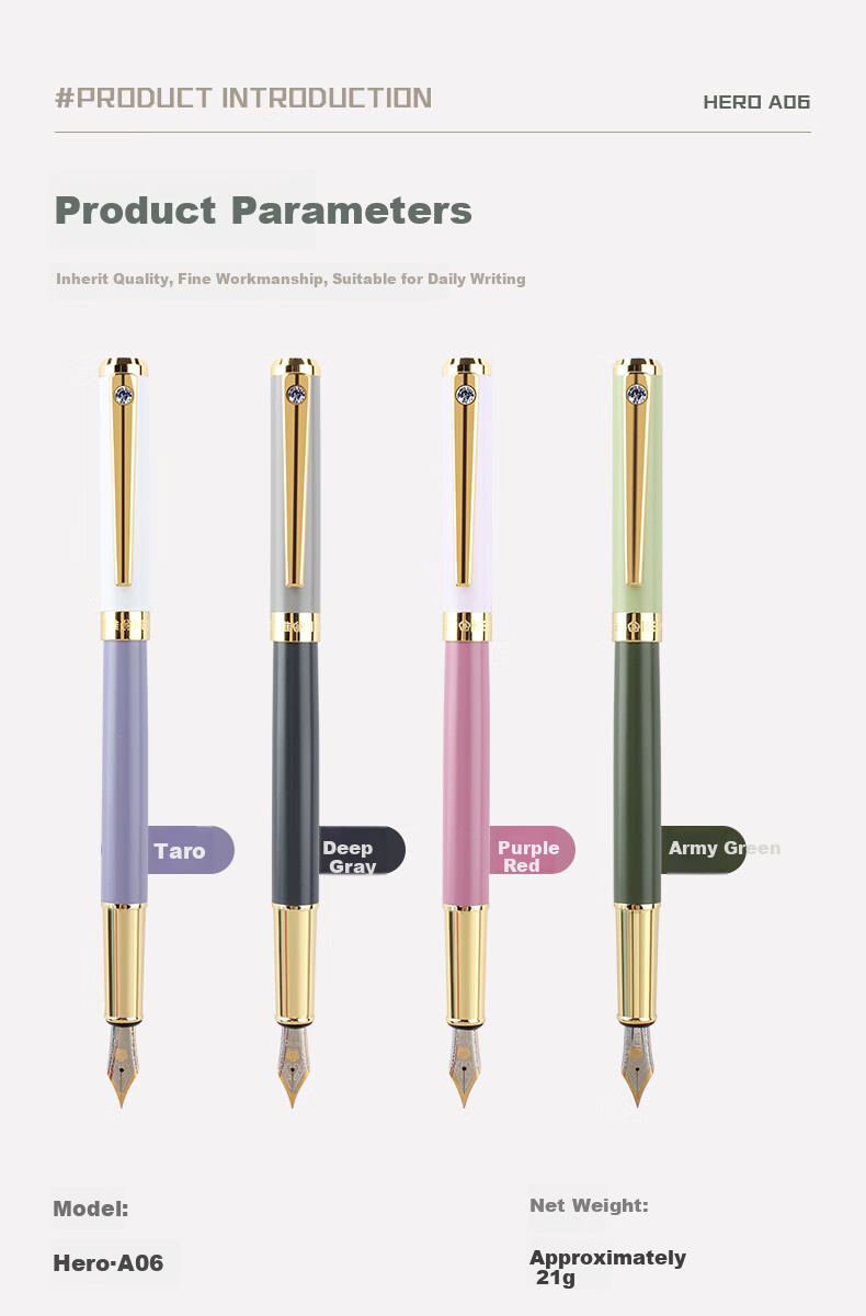 HERO Fountain Pen A06-1 Morandi Iridium Nib Adult Daily Writing Business Office Signature Ink Pen EF Nib Taro Color 7