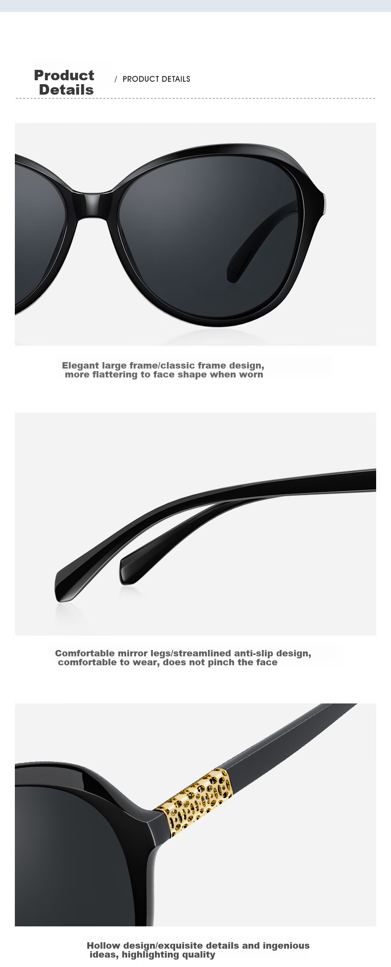 PARIM Women's Polarized Sunglasses, Driving Glasses, Sun Protection, UV-Blocking, Bright Black Frame, Large Face Glasses for Wome 4