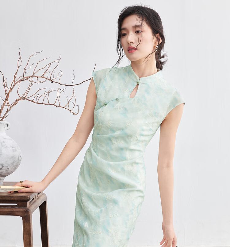 Sentubila Modified Qipao Chinese Style Dress Women Summer Waterdrop Hollow Stand Collar Embroidered New Chinese Waist Slimming Mid-Length Dress 17