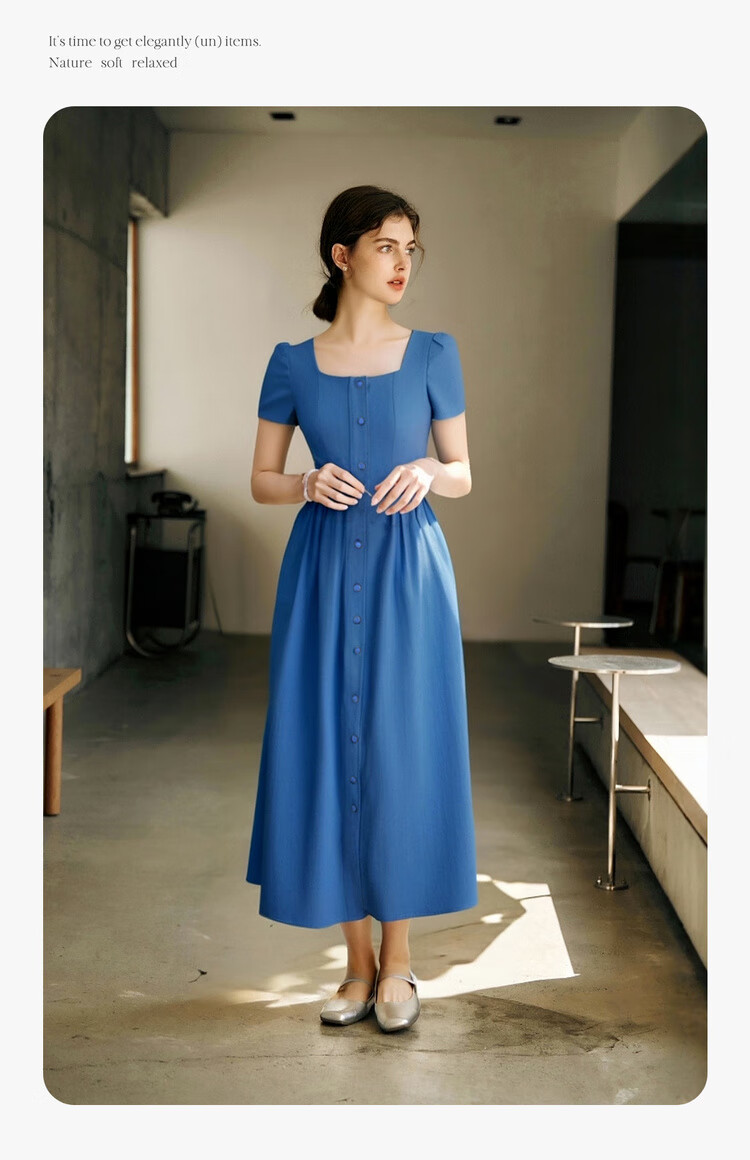 Olrain Eurielle Summer Women's Commuter Lyocell Dress Square Neck Waist Cinch Vacation Maxi Dress Klein Blue S 9