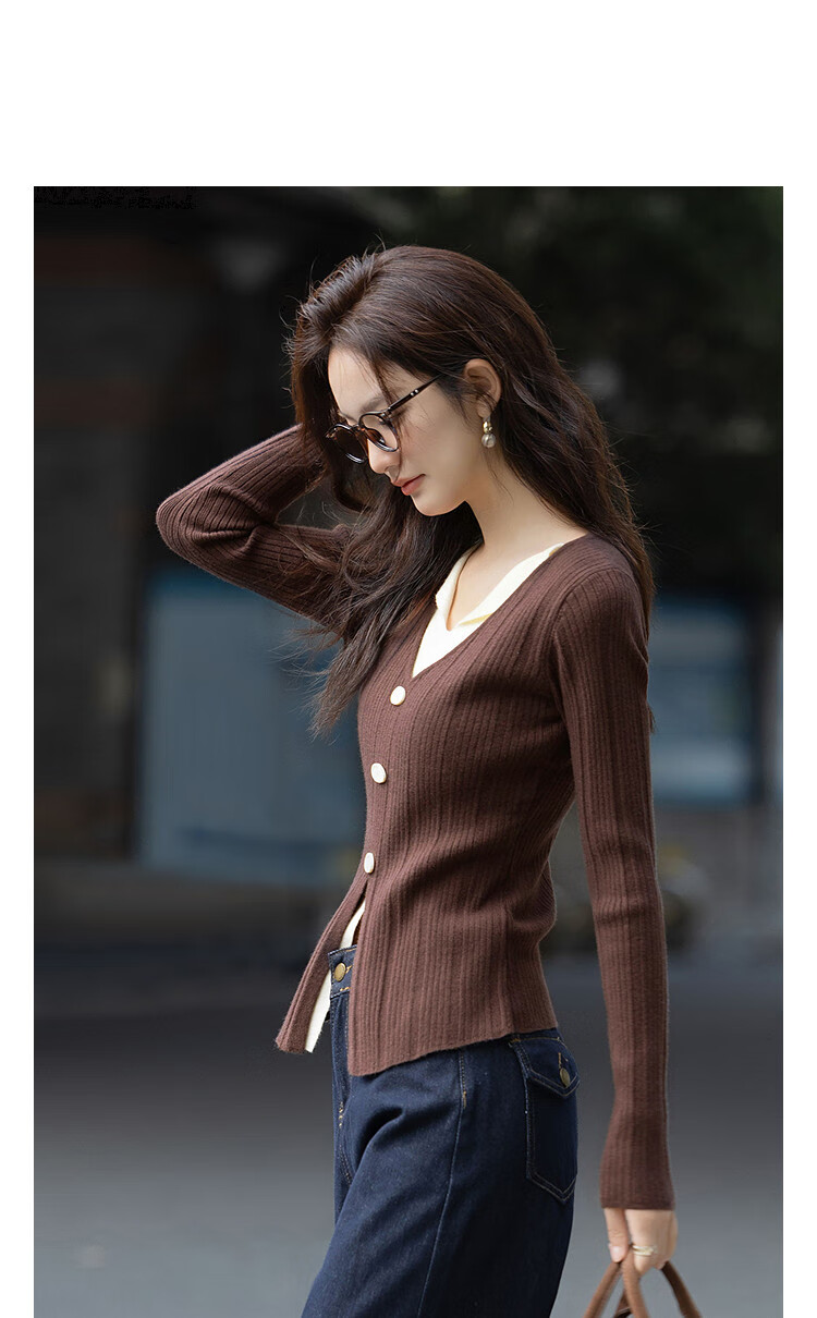 Demana Warm Soft Fiber Autumn Elegant Two-Piece Look Color-Block V-Neck Slim Knit Sweater for Women 1