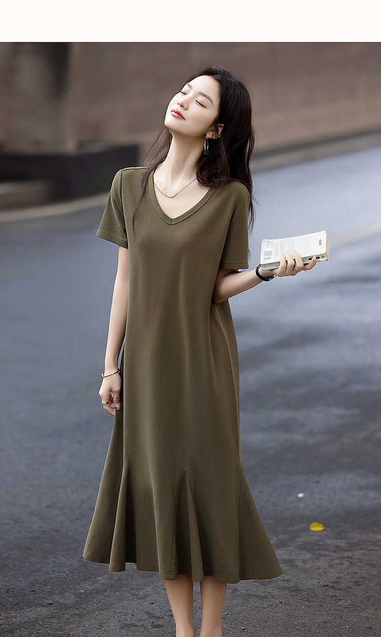 Demana Gentle Cloud Cotton Summer Relaxed V-Neck Loose Patchwork Hem Knitted Mid-Length Straight Women's Dress 24