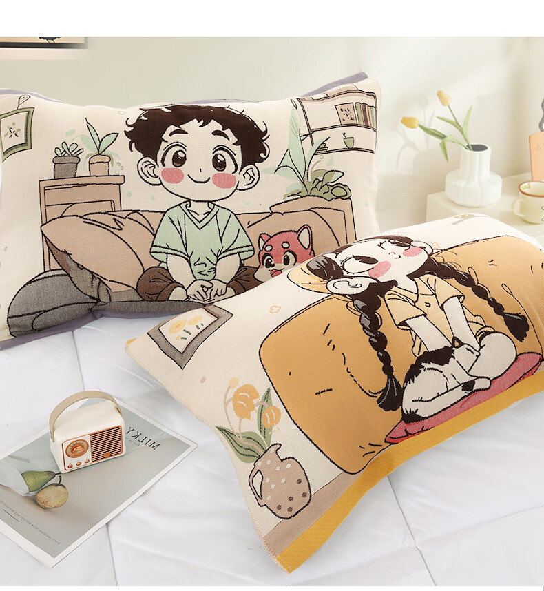 MUJI A-Class 100% Cotton Gauze Pillowcase Cute Pure Cotton Pillow Cover Anti-Slip Pillowcase Pair 52*75cm 8
