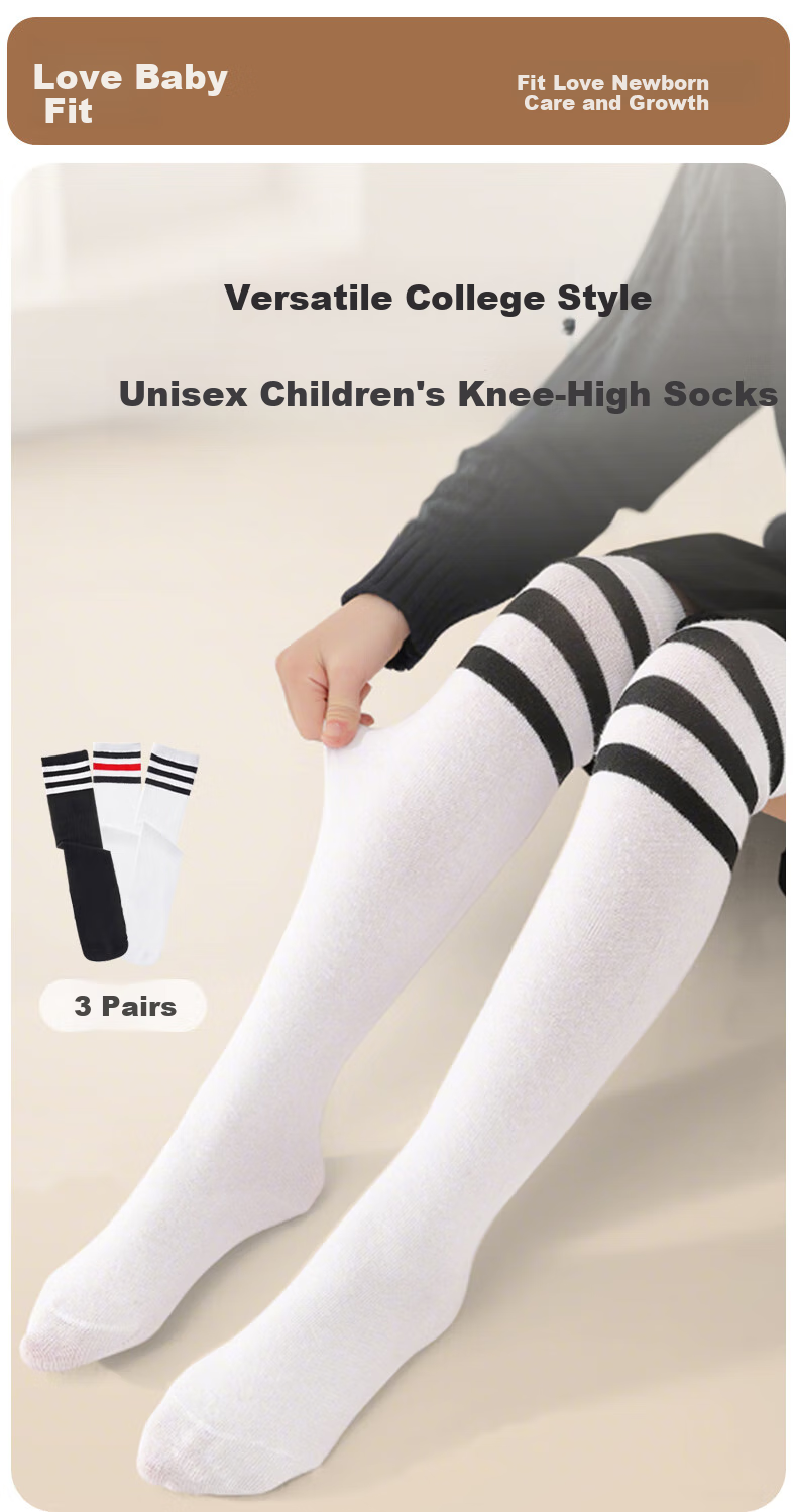 Aibaoshi Children's Socks, Preppy Style Long Socks, Student Soccer Socks, Mid-Calf Socks for Boys And Girls, Over-Knee Socks, 3 Pairs, 35cm T168 1