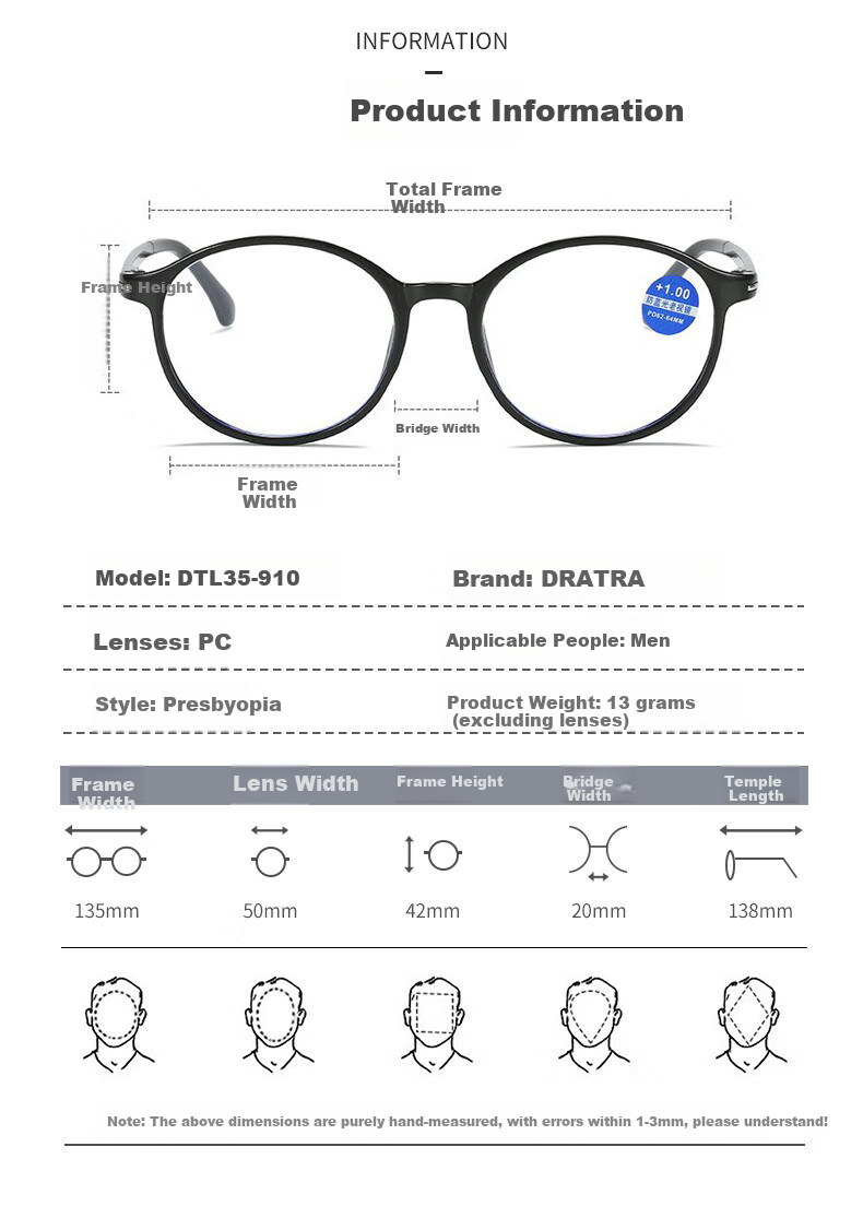 DRATRA High-Definition Reading Glasses for Men, Anti-Blue Light Presbyopic Glasses, Ultra-Lightweight Portable Round Frame Glasses, Lightweight And Comfortable, Fashionable And Classic 9