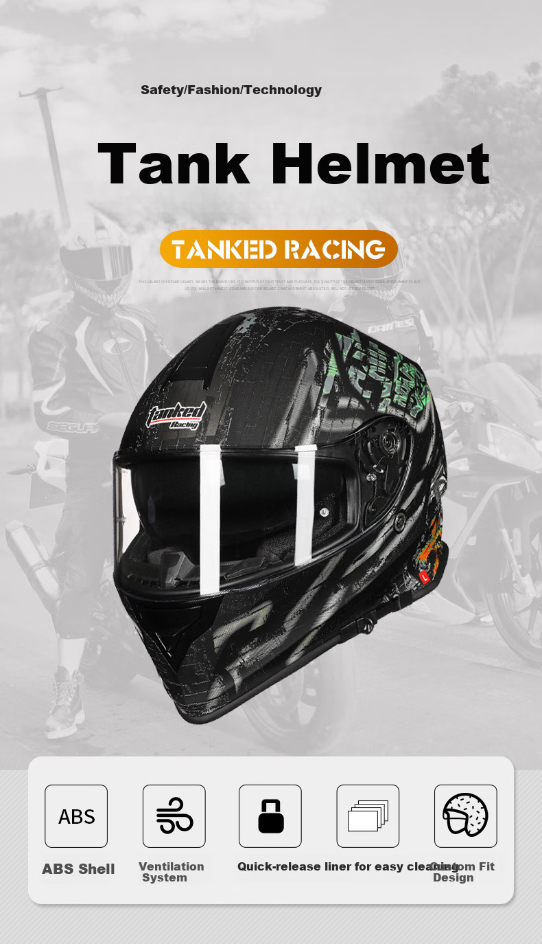 Tanked Racing T127 Motorcycle Full-Face Helmet, All-Season Double Visor Anti-Fog Electric Bike Safety Helmet for Men, Baihu XL 1
