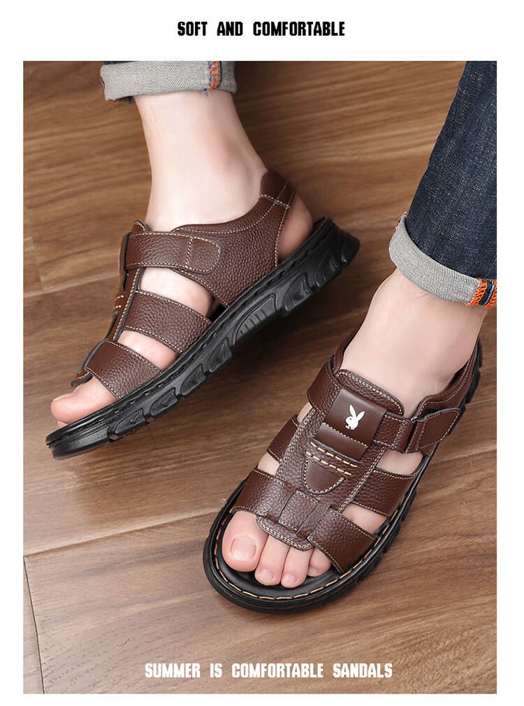 PLAYBOY Men's Sandals, Summer Casual Beach Shoes for Middle-Aged And Elderly Men, Leather Sandals for Dads, Black, Size 38 1
