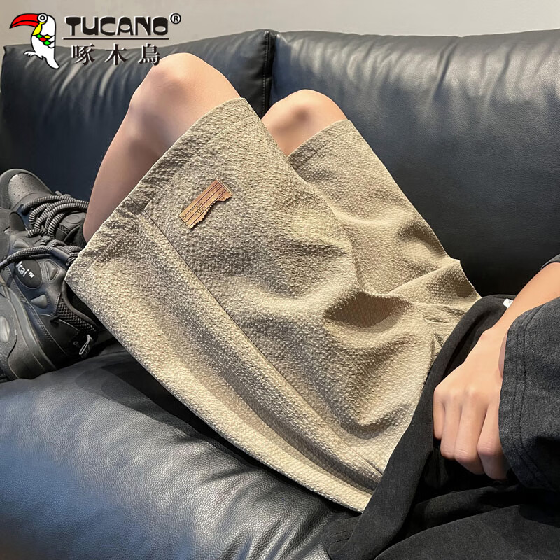 TUCANO Men's Shorts, Summer Loose Casual Five-Point Pants, Large Size Beach Shorts, Bubble Yarn Sports Pants for Men, Khaki, 2XL