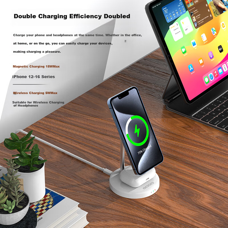 GDGO Two-In Wireless Charger, MagSafe Magnetic 15W Fast Charging Stand for Phones And Earphones, Desktop Vertical Charging Base Compatible with Apple IPhone 18 Pro Max/17/Air, Qi 2 Compatible