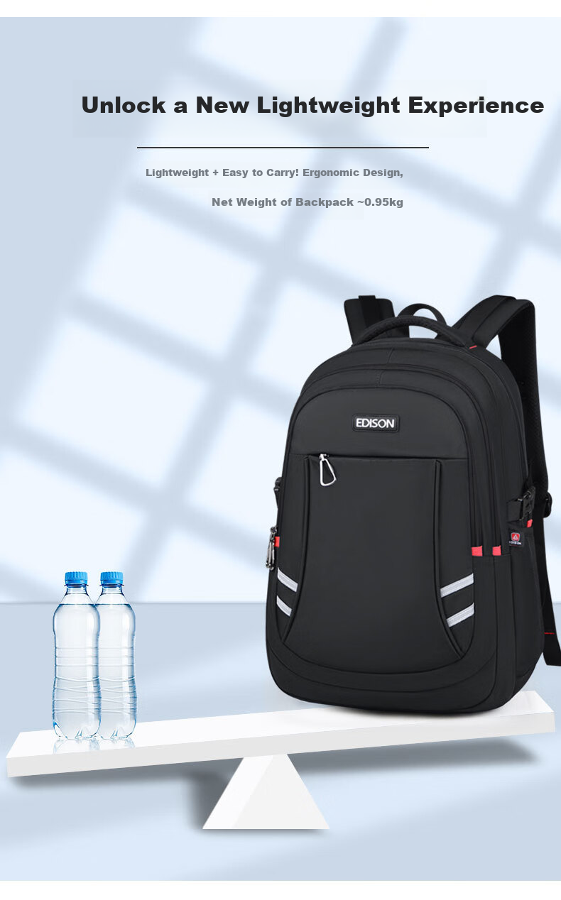 Edison High School Student Backpack with Spine Protection, Large Capacity, Water-Resistant, Reflective, Middle School Travel Backpack K056-1G Black 6