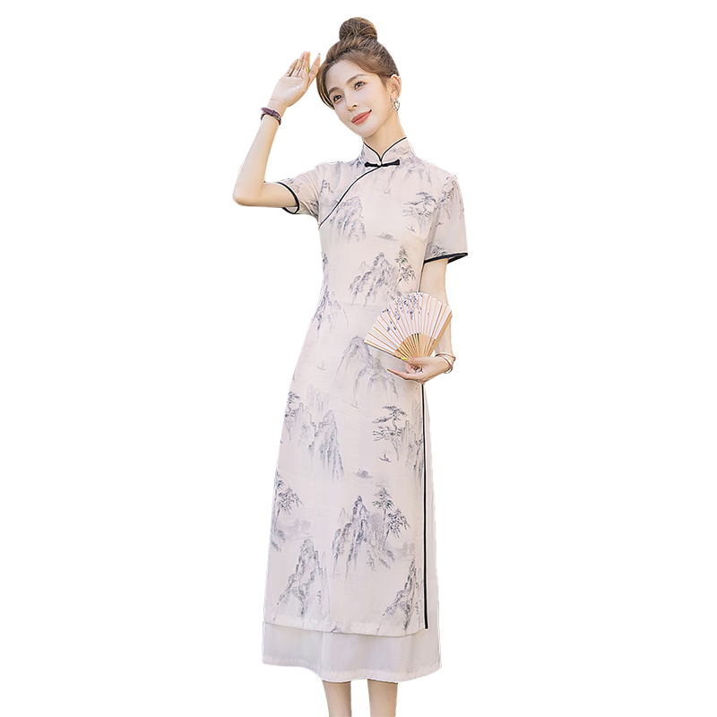 Cypress Vintage Qipao 2026 Summer New Slim Fit Stand Collar Mid-Length Short Sleeve Dress for Women