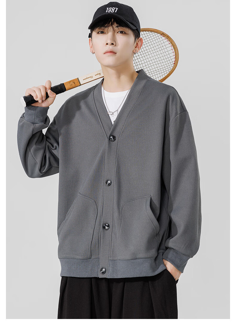 MMOPTOP Japanese-Style Solid Color Knit Sweater, Long-Sleeved Men's Spring And Autumn Vintage Loose V-Neck Cardigan MT2350 Black M 15