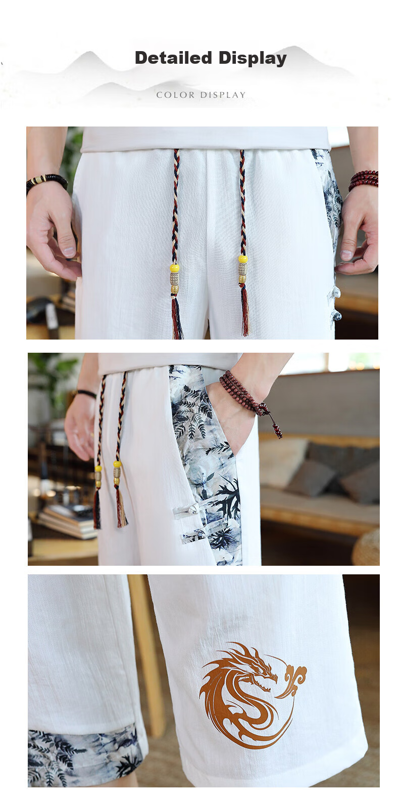Zuofeili New Chinese Style Dragon Pattern Shorts for Men, Summer Youth Casual Versatile National Trend Cool Ice Silk Three-Quarter Length Pants 13