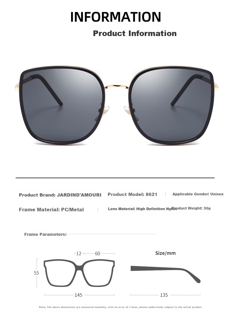 Jardin D'amour Polarized Sunglasses for Men And Women, Fashionable Large Face UV Protection Driving Sunglasses 8621 Black Silver 10