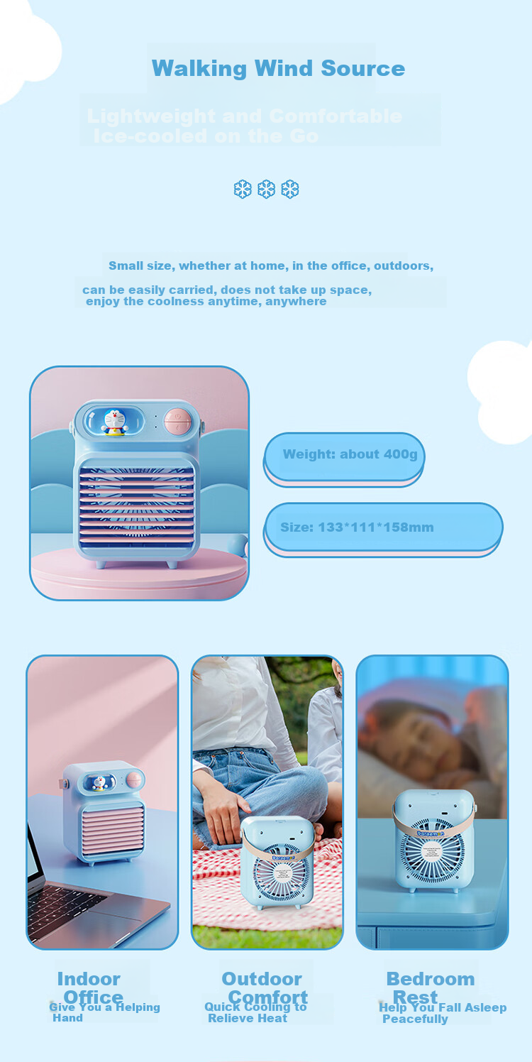 ROCK Doraemon Handheld Fan Digital Display Turbo Strong Wind Portable Silent Mini USB Fan Long Battery Life Cute Cooling Blue 4