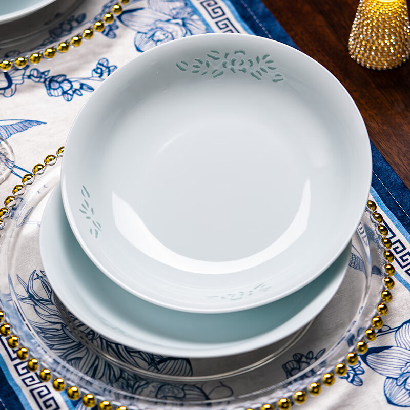 Fuyu Ceramics Jingdezhen High-Temperature Plate Set Exquisite Porcelain Tableware Home Use 2025 New Qing Glaze Jade Peony Vegetable Plates 4-Piece Set
