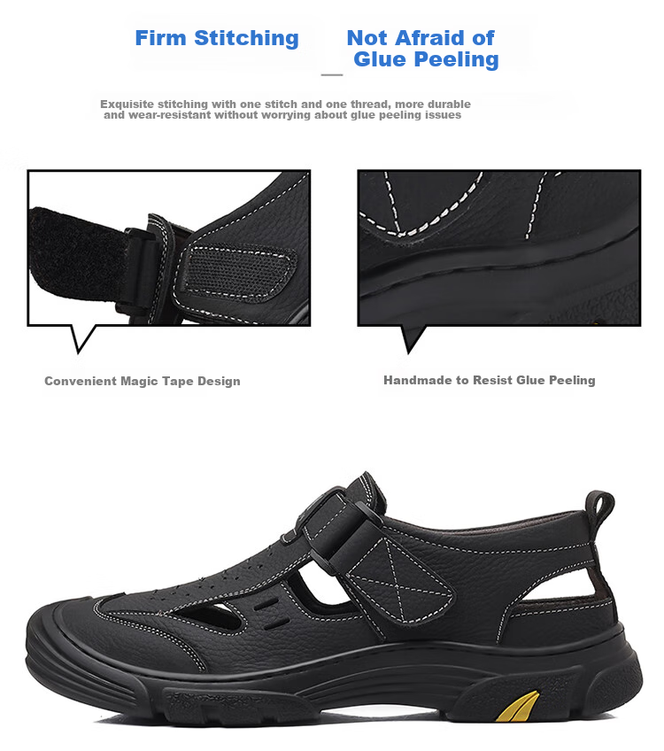 EGCHI Men's Sandals, Beach Shoes, Top-Grain Leather, Hollow-Out Velcro Sandals, J28021, Black, Size 39 7