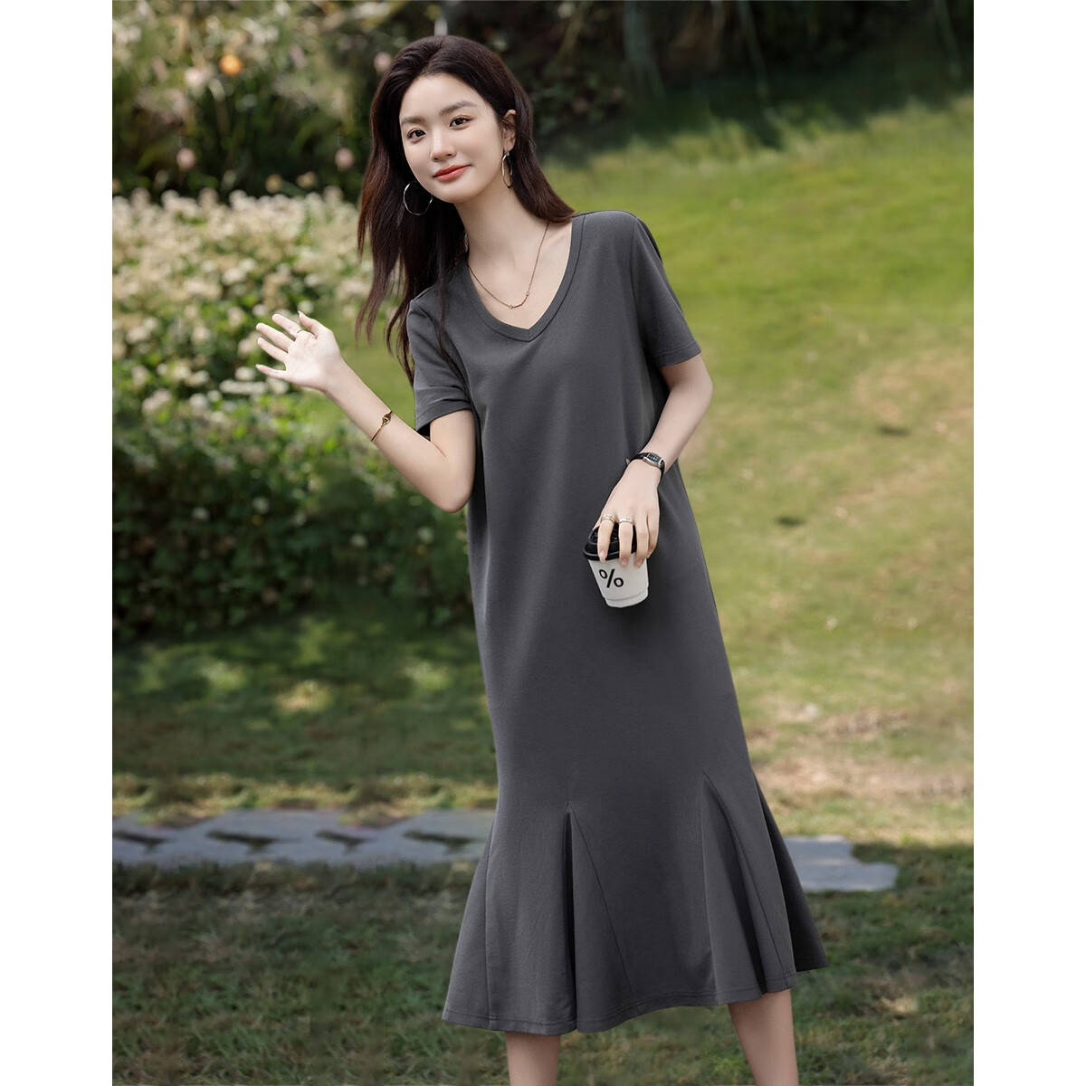 Demana Gentle Cloud Cotton Summer Relaxed V-Neck Loose Patchwork Hem Knitted Mid-Length Straight Women's Dress