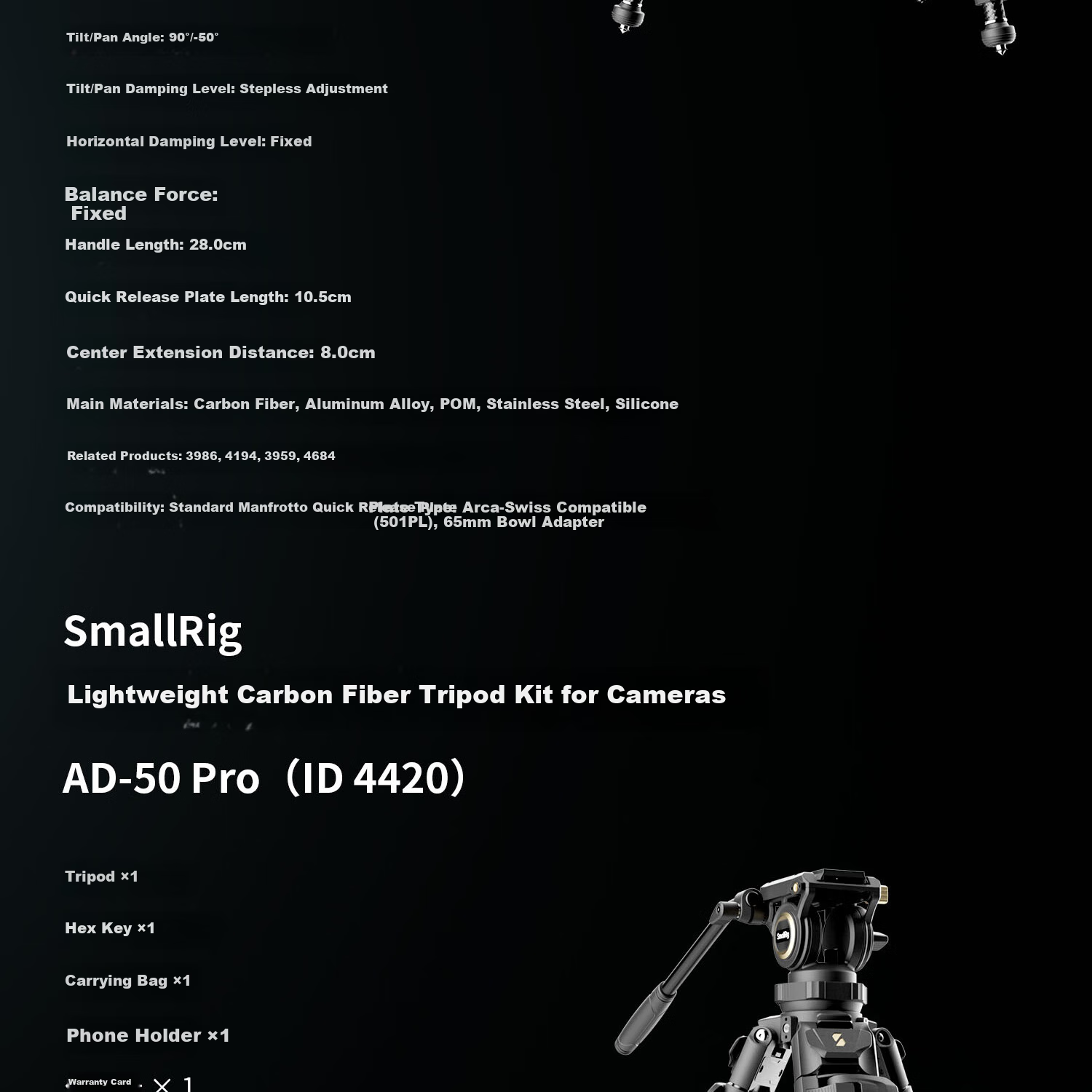 SmallRig 4420 AD-50 Carbon Fiber Tripod, Professional Lightweight Camera Birdie Stand, Hydraulic Damping Ball Head Support, Arm, Portable Photography Live Streaming Aluminum Alloy Tripod 18