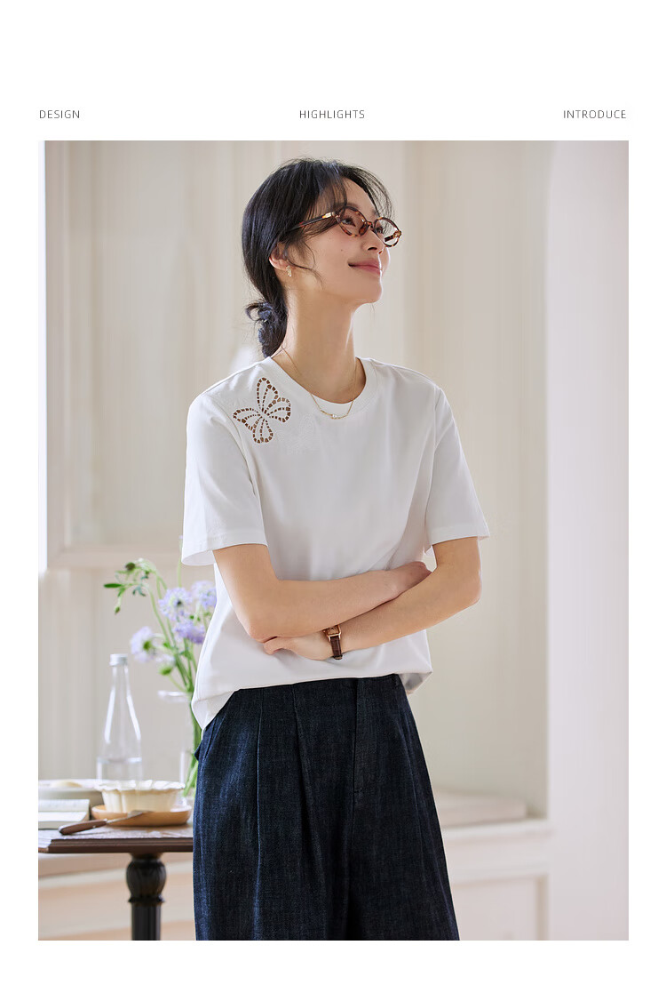 Vimly Butterfly Hollow Embroidery Cotton Short Sleeve T-Shirt Women Summer New Loose Fit Casual Round Neck Top Cloud White L 9