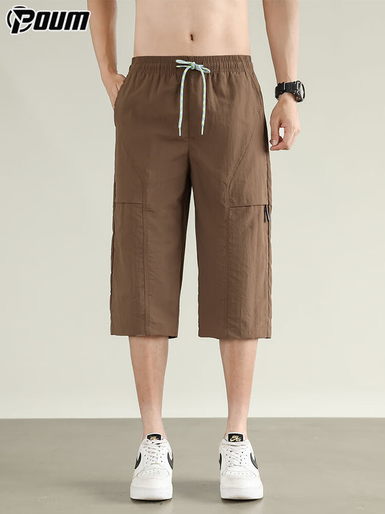 POUM Ice Silk Trendy Brand Three-Quarter Length Pants for Men, Summer Style, Casual American-Style Sports Quick-Dry Shorts, 0003 Coffee Color, 2XL 1