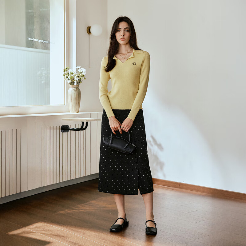 Oulain Commuter Collar Knit Pullover Sweater for Women, Autumn New Style, Versatile Slimming Top, Yellow, XL