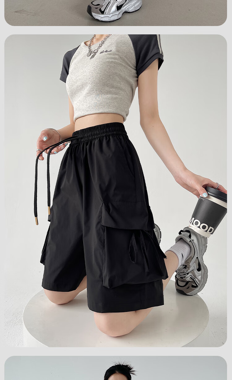 Xueqiman Large Pocket Workwear Shorts Women Summer 2026 New American Style Quick-Dry Ice Silk Cool Straight Sports Knee-Length Pants 11