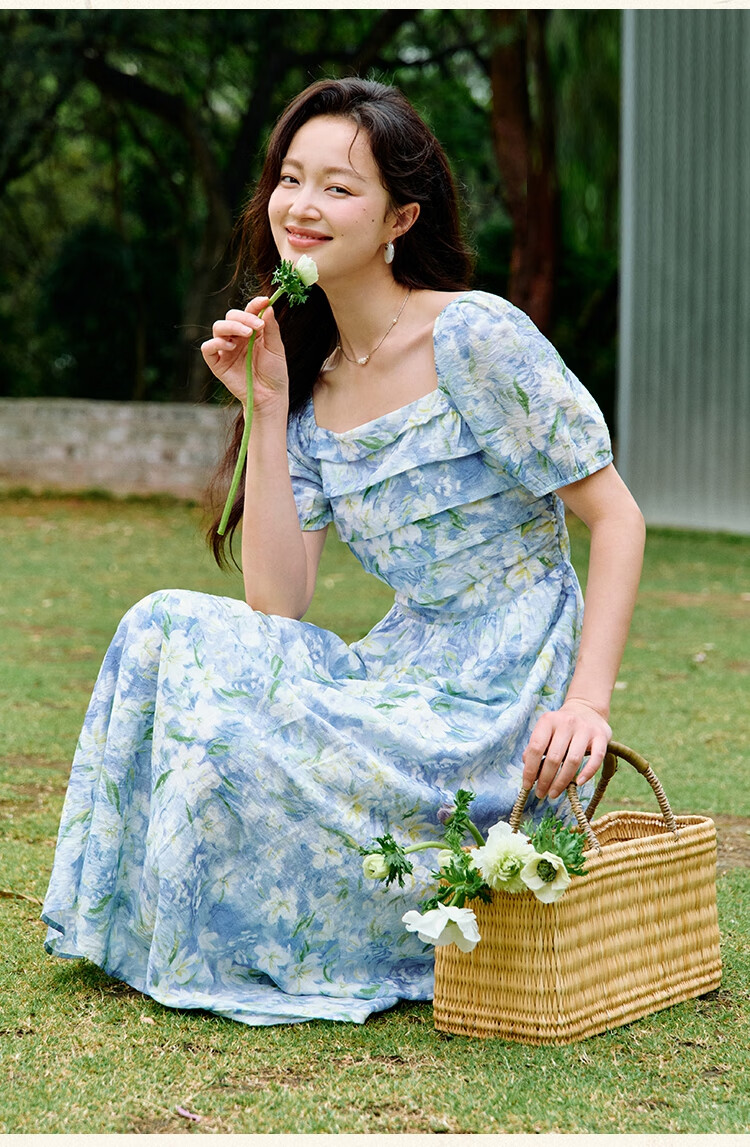 Inman Vacation Style Seaside Print Dress Summer Women's Square Neck Puff Sleeve Waist Cinched Long Dress Glaze Blue S 17