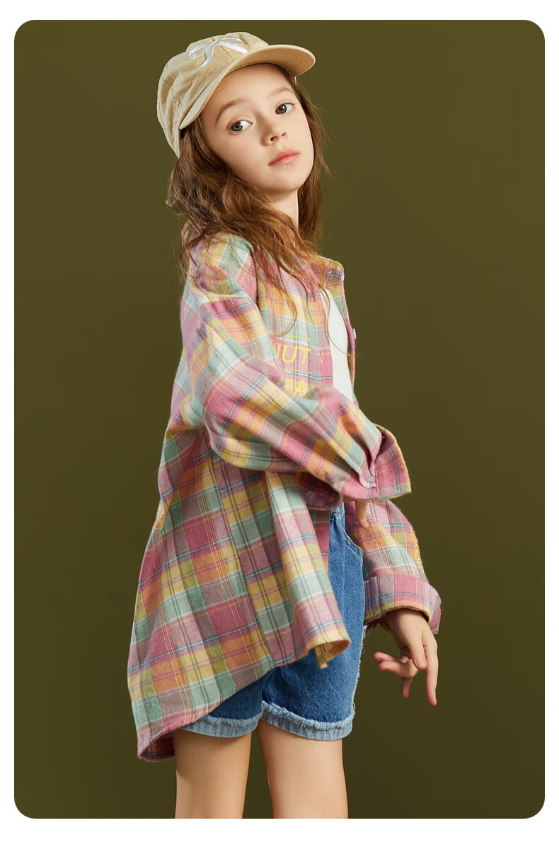 Fulomi Girls' Plaid Long Sleeve Shirt Spring Autumn Korean Style Pink Checkered Jacket Top 110 6