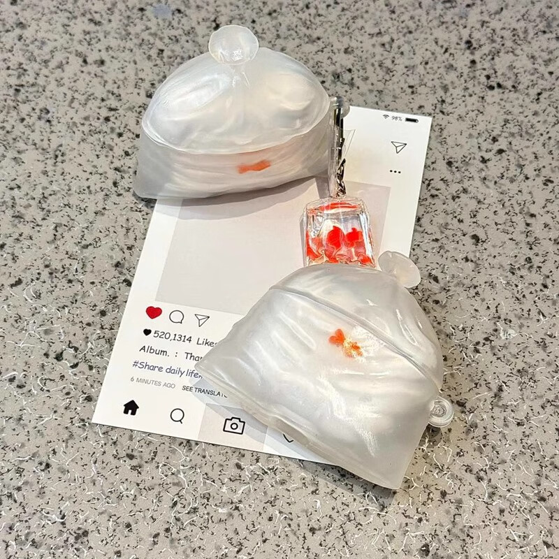 Beiyipin Fun White Transparent Garbage Bags with Goldfish Pendant, Suitable for Airpods 3, Creative Cute Airpods Pro 2, Apple Huawei Wireless Bluetooth Earphone Case, Silicone Protective Cover 3