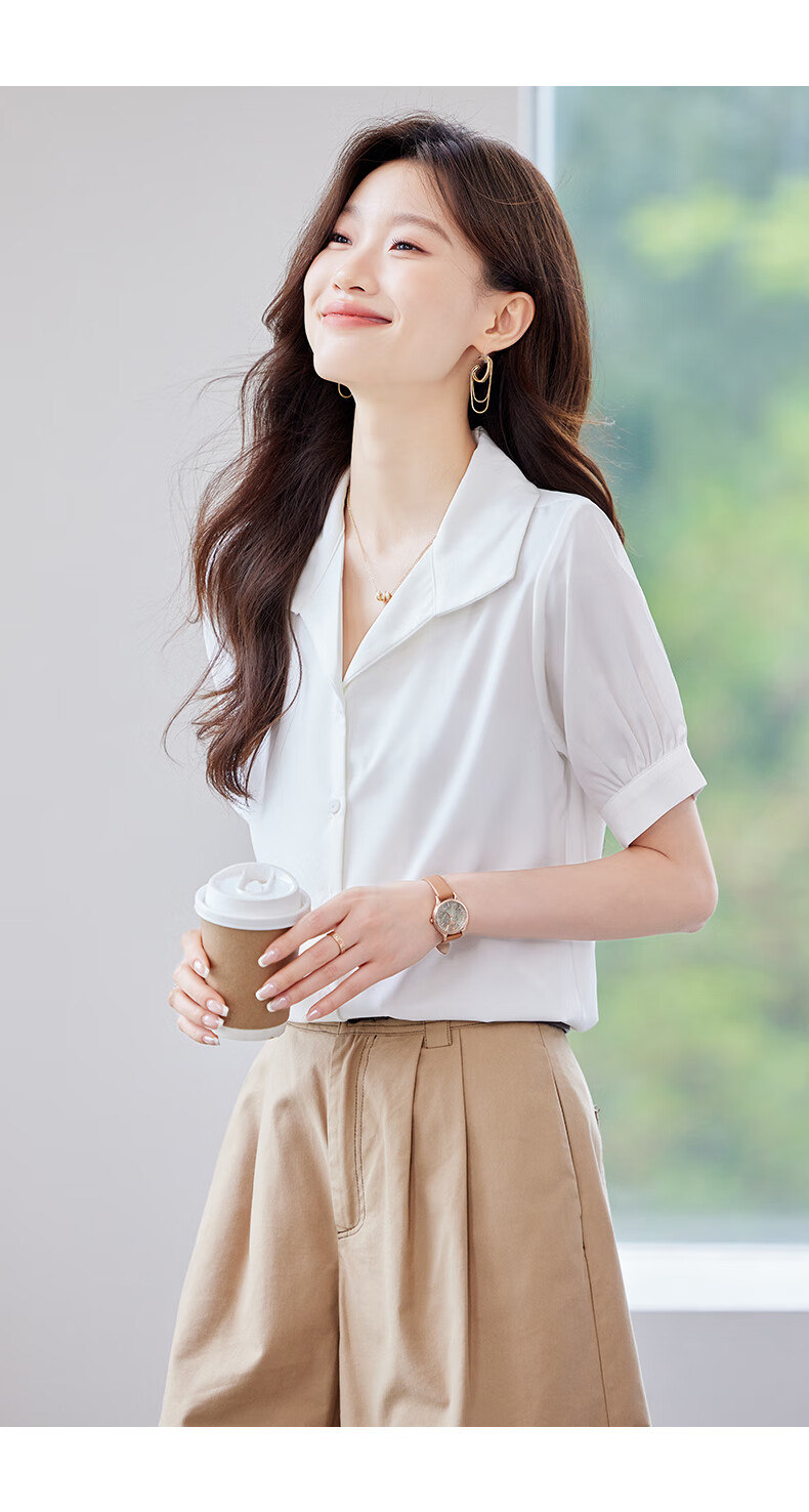 Jeanswest Women's Summer Short Sleeve Shirt Lapel Design Commuter Professional Cardigan White S 9