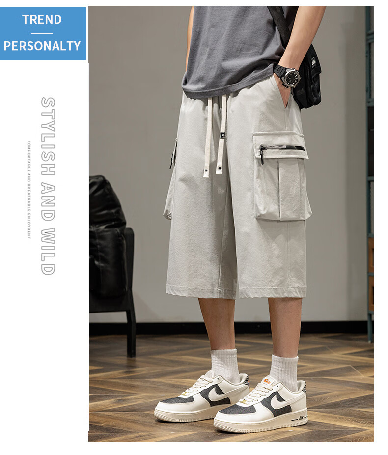 CLOR Men's Work Shorts Summer Thin Ice Silk Quick-Dry Loose Fit Knee-Length Straight Pants DDWD04 Black XL 19