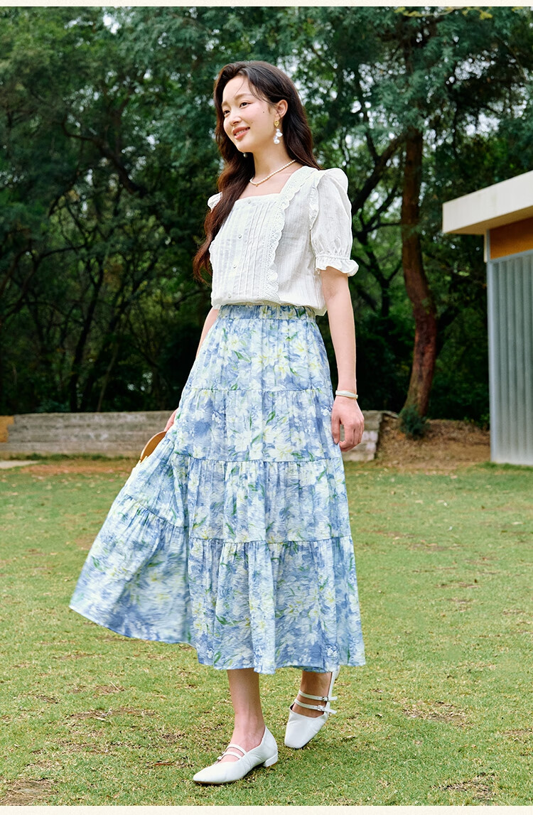Inman Vacation Style Seaside Print Dress Summer Women's Square Neck Puff Sleeve Waist Cinched Long Dress Glaze Blue S 21