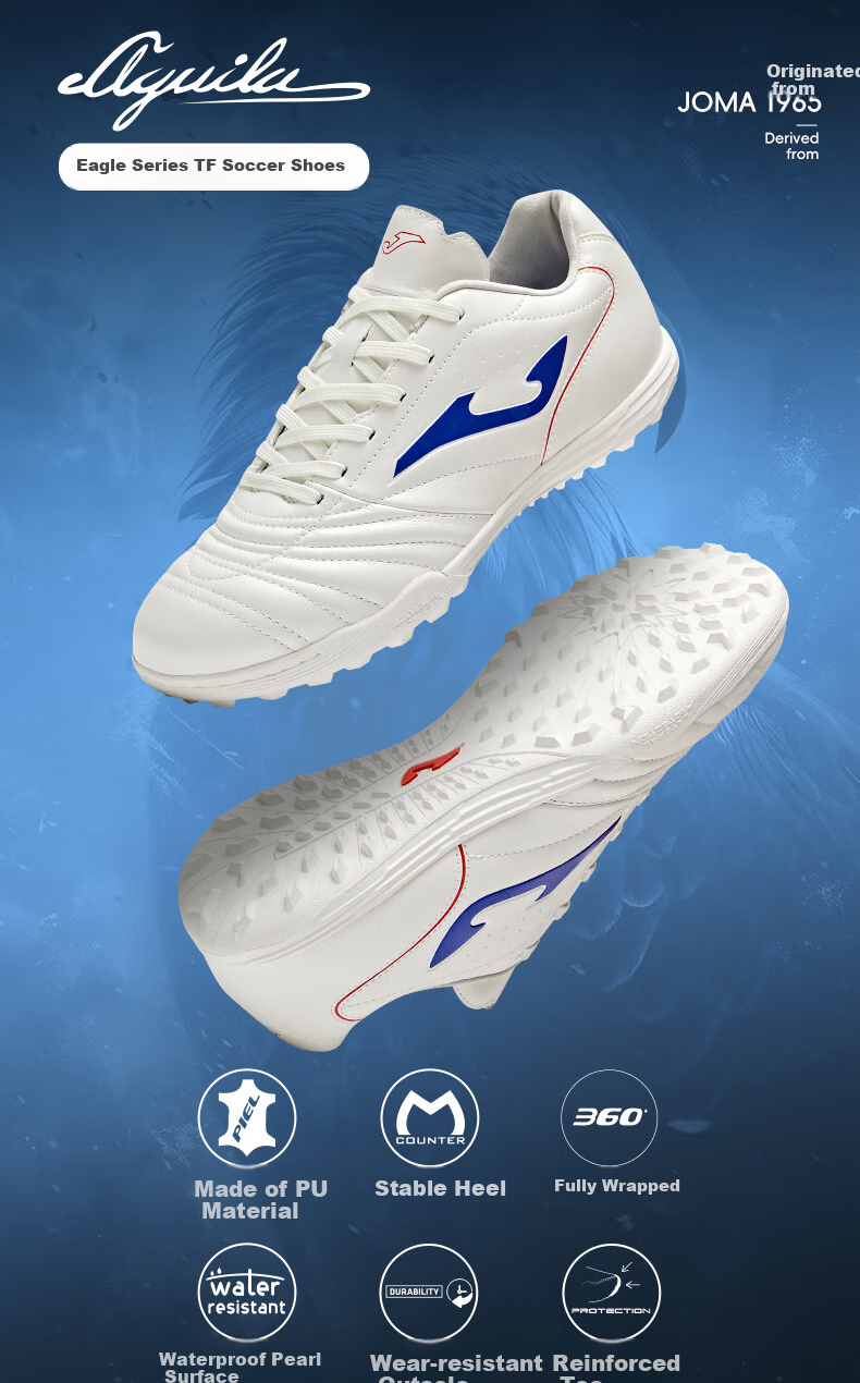 JOMA Kangaroo Leather Soccer Shoes for Men, TF Turf Studs, Adult Youth Student Professional Competition Football Training Shoes, White And Blue, Size 35 1