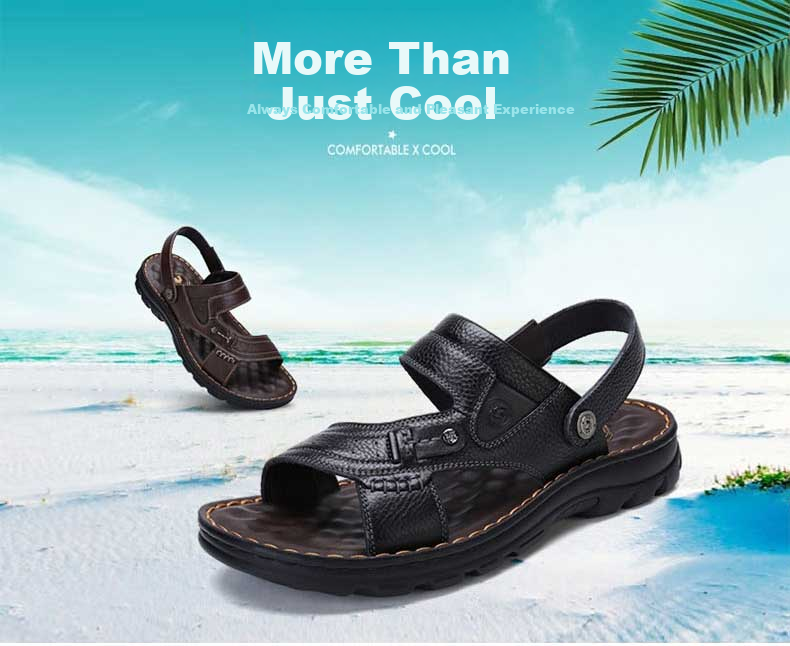 CAMEL Brand Men's Casual Slippers, Genuine Leather Sandals, Cowhide Breathable Wear-Resistant Beach Shoes, W822287612, Brown, Size 41 2