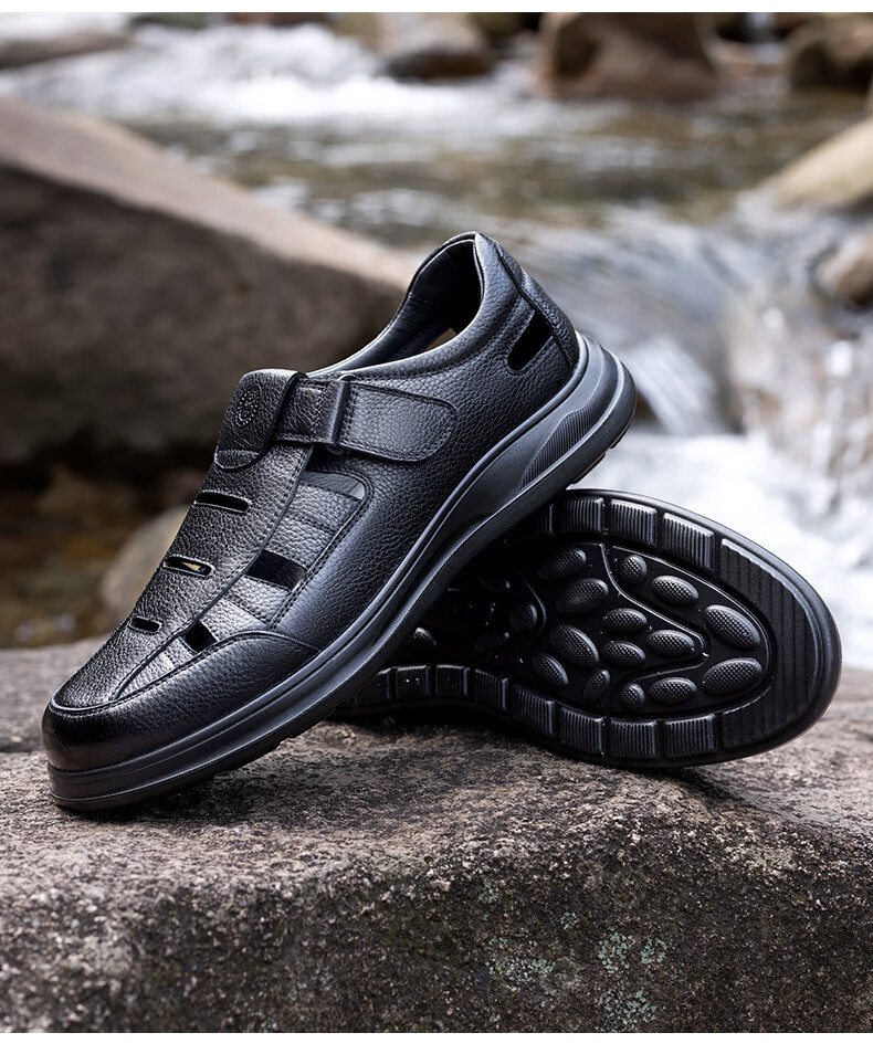 LAORENTOU Men's Genuine Leather Summer Breathable Hollow Business Casual Closed-Toe Sandals LL177 Black Size 43 6