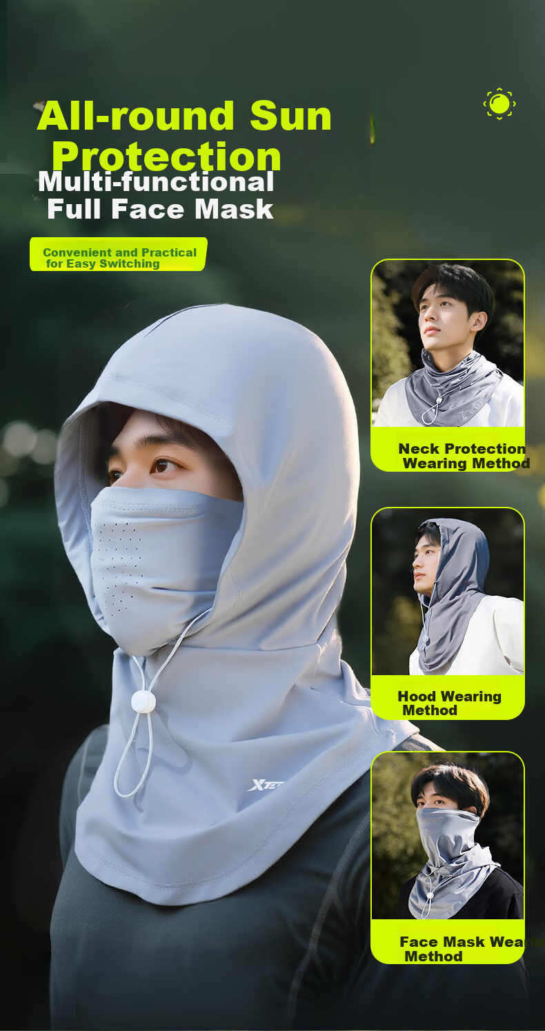 XTEP Sun Protection Face Shield, UV-Resistant, Cycling, Motorcycle Helmet Baffle, Windproof Full-Face Ice Silk Breathable Mask, Men's Summer Gray 11